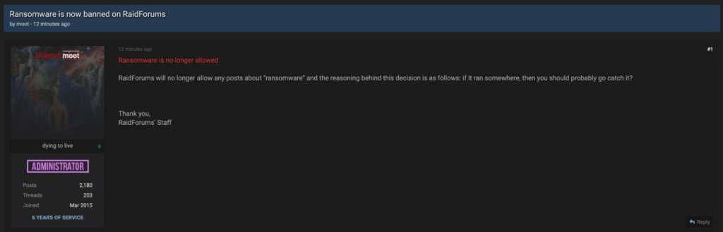 Screenshot of RaidForums announcing the ban of ransomware content