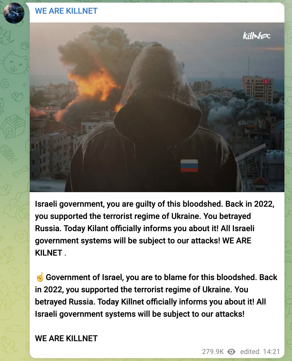 KillNet's Telegram Post on Hamas-Israel conflict